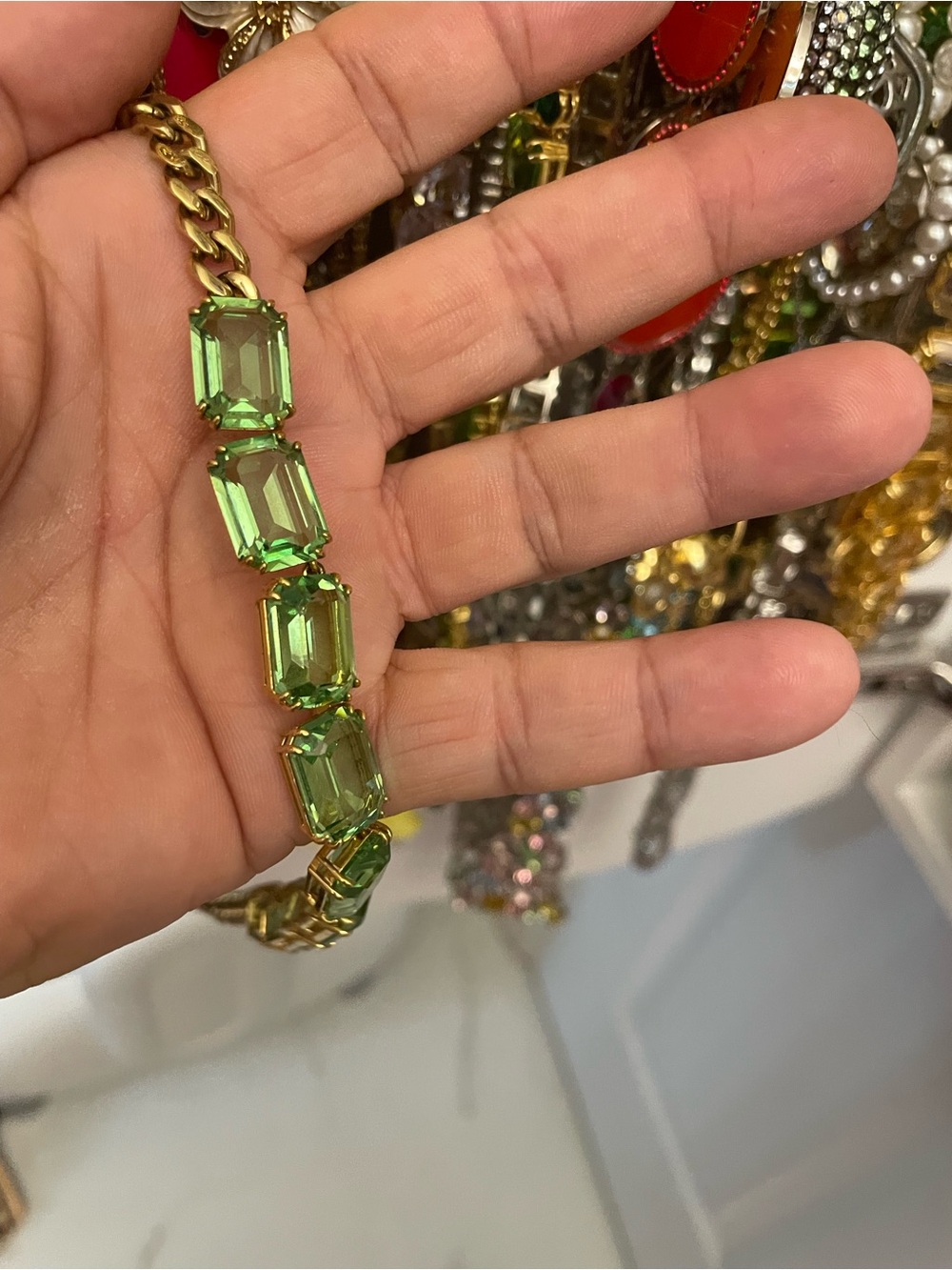 3 Swarovski Gold-Tone Necklaces with Green Emerald-Cut Crystals